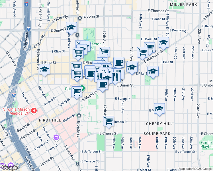map of restaurants, bars, coffee shops, grocery stores, and more near 1221 East Madison Street in Seattle