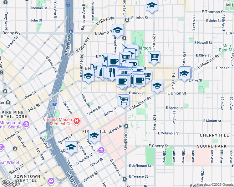 map of restaurants, bars, coffee shops, grocery stores, and more near 800 East Union Street in Seattle