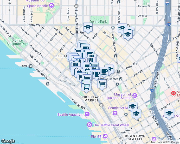 map of restaurants, bars, coffee shops, grocery stores, and more near 2101 3rd Avenue in Seattle