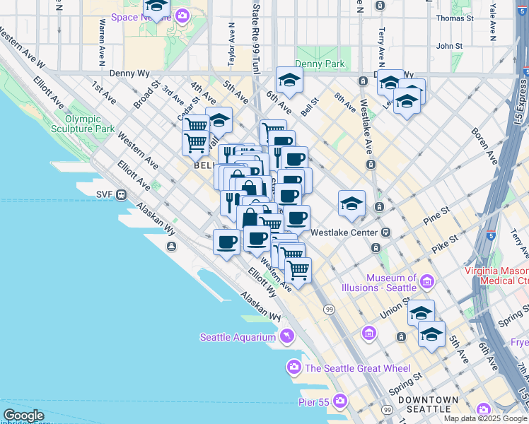 map of restaurants, bars, coffee shops, grocery stores, and more near 2119 2nd Avenue in Seattle