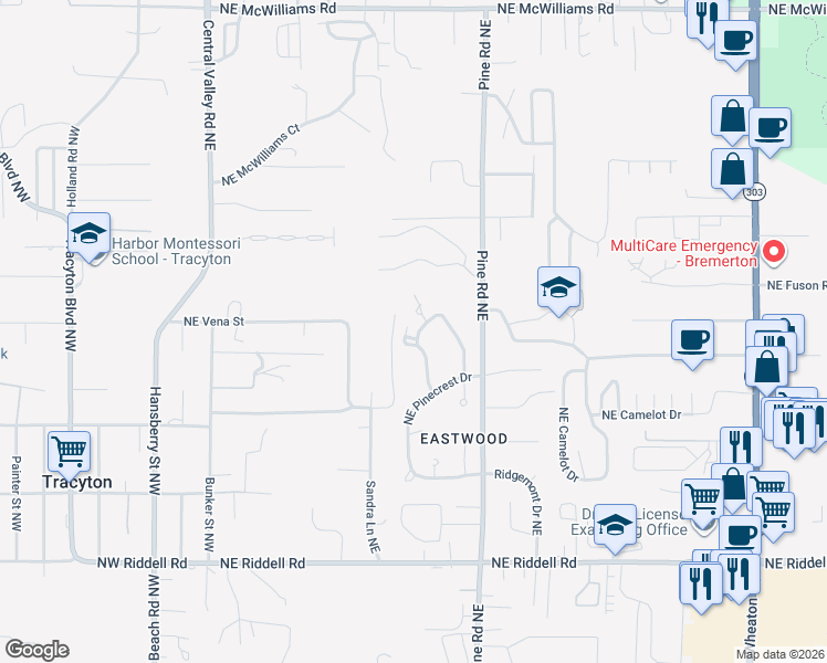 map of restaurants, bars, coffee shops, grocery stores, and more near 5401 Pineridge Drive Northeast in Bremerton