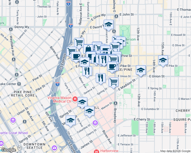 map of restaurants, bars, coffee shops, grocery stores, and more near 1320 University Street in Seattle