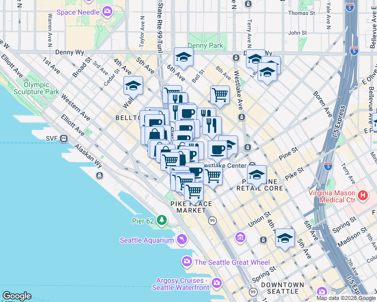 map of restaurants, bars, coffee shops, grocery stores, and more near 255 Lenora Street in Seattle