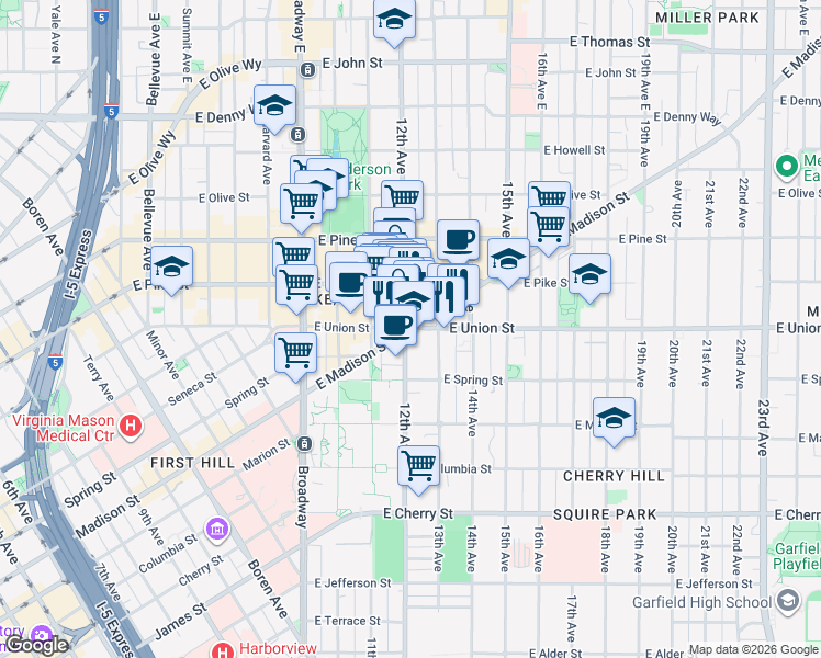 map of restaurants, bars, coffee shops, grocery stores, and more near 1222 East Madison Street in Seattle