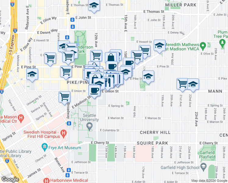 map of restaurants, bars, coffee shops, grocery stores, and more near 2616 East Union Street in Seattle