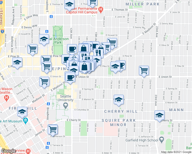 map of restaurants, bars, coffee shops, grocery stores, and more near E Union St & 15th Ave in Seattle