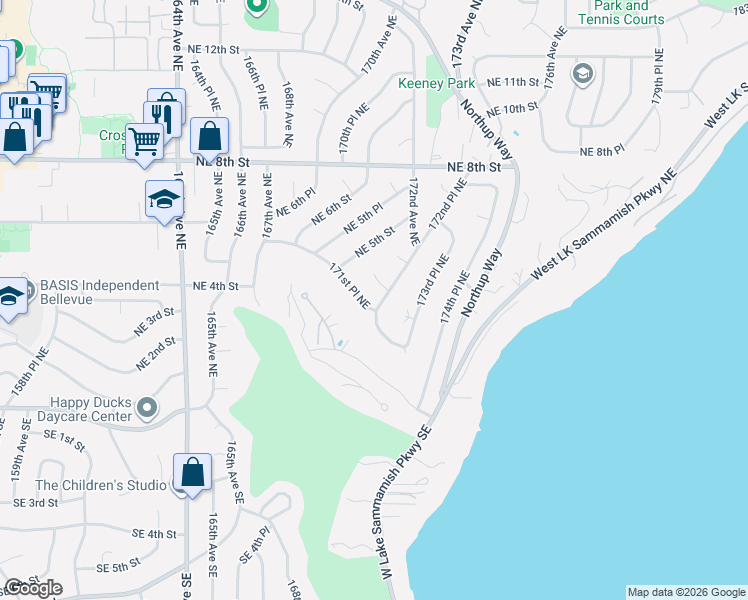 map of restaurants, bars, coffee shops, grocery stores, and more near 420 171st Place Northeast in Bellevue