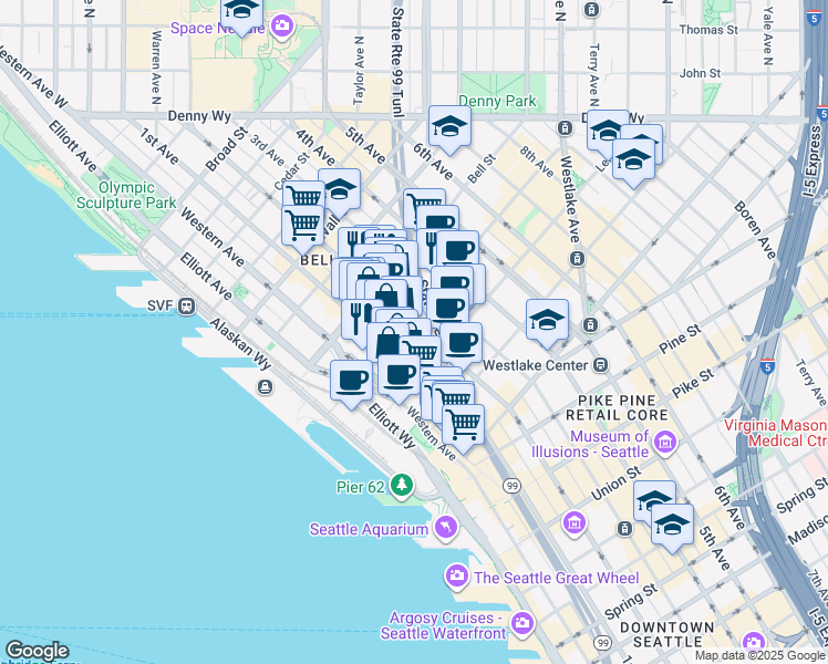 map of restaurants, bars, coffee shops, grocery stores, and more near 2127 2nd Avenue in Seattle