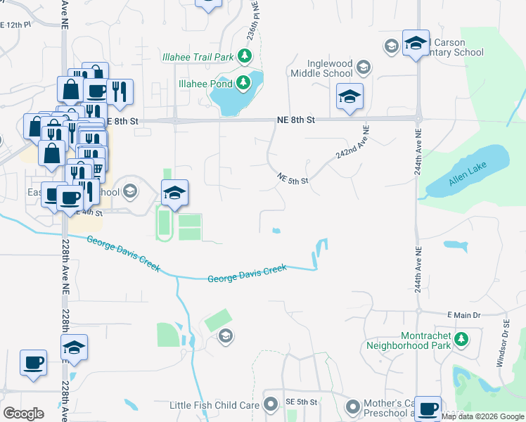 map of restaurants, bars, coffee shops, grocery stores, and more near 22712 Northeast 4th Street in Sammamish