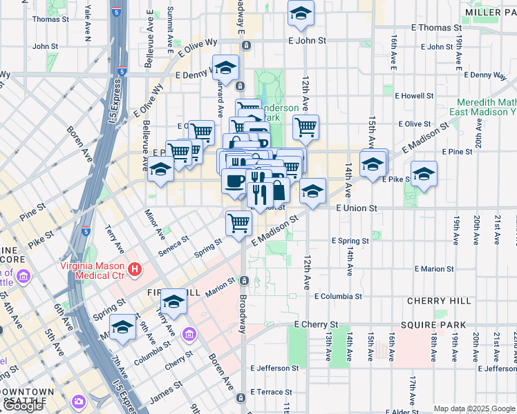 map of restaurants, bars, coffee shops, grocery stores, and more near Broadway Court in Seattle