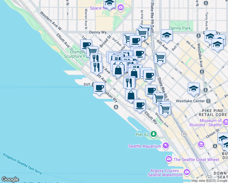 map of restaurants, bars, coffee shops, grocery stores, and more near 2401 Elliott Avenue in Seattle