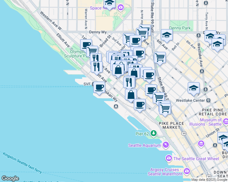map of restaurants, bars, coffee shops, grocery stores, and more near 2401 Elliott Avenue in Seattle