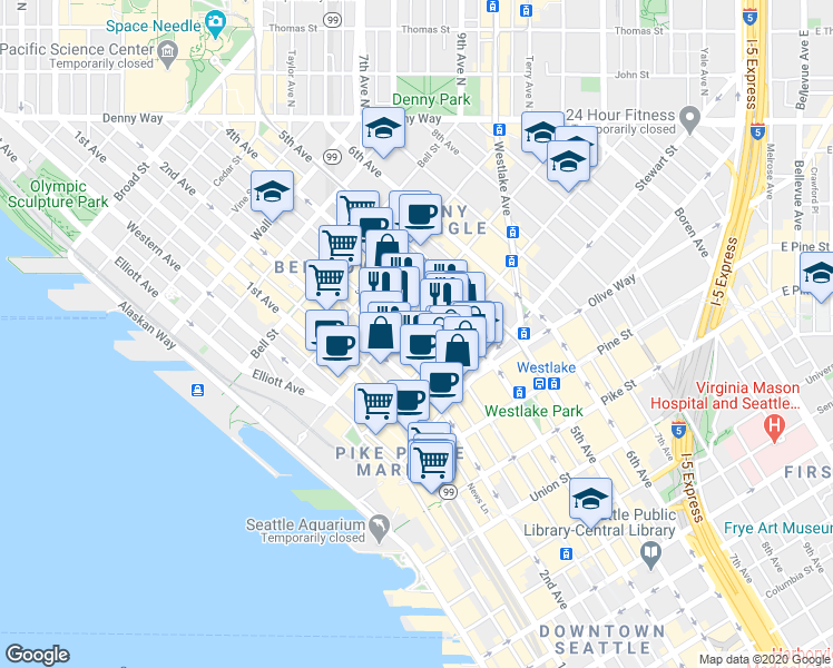 map of restaurants, bars, coffee shops, grocery stores, and more near 2018 3rd Avenue in Seattle