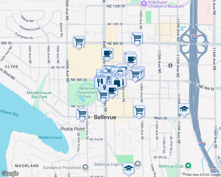 map of restaurants, bars, coffee shops, grocery stores, and more near 10410 Northeast 2nd Street in Bellevue