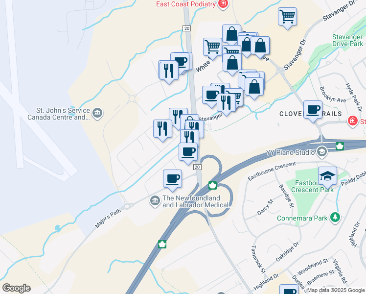 map of restaurants, bars, coffee shops, grocery stores, and more near 6 Beauford Place in St. John's