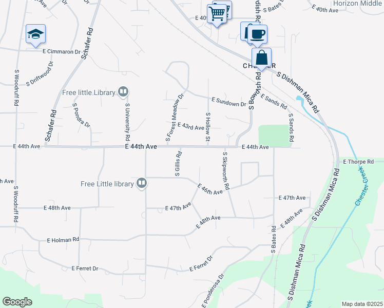 map of restaurants, bars, coffee shops, grocery stores, and more near 11018 East 44th Avenue in Spokane Valley