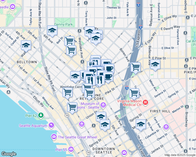 map of restaurants, bars, coffee shops, grocery stores, and more near 600 Pine Street in Seattle