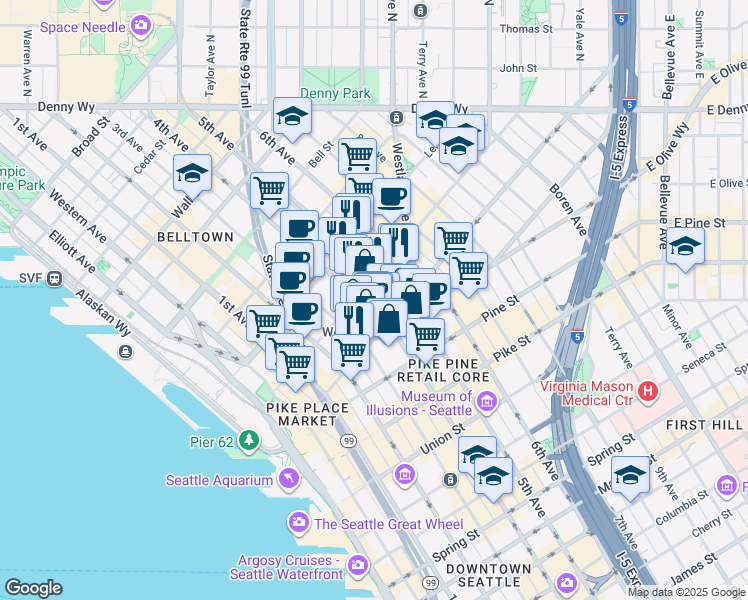 map of restaurants, bars, coffee shops, grocery stores, and more near 1920 4th Avenue in Seattle