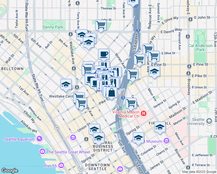 map of restaurants, bars, coffee shops, grocery stores, and more near in Seattle
