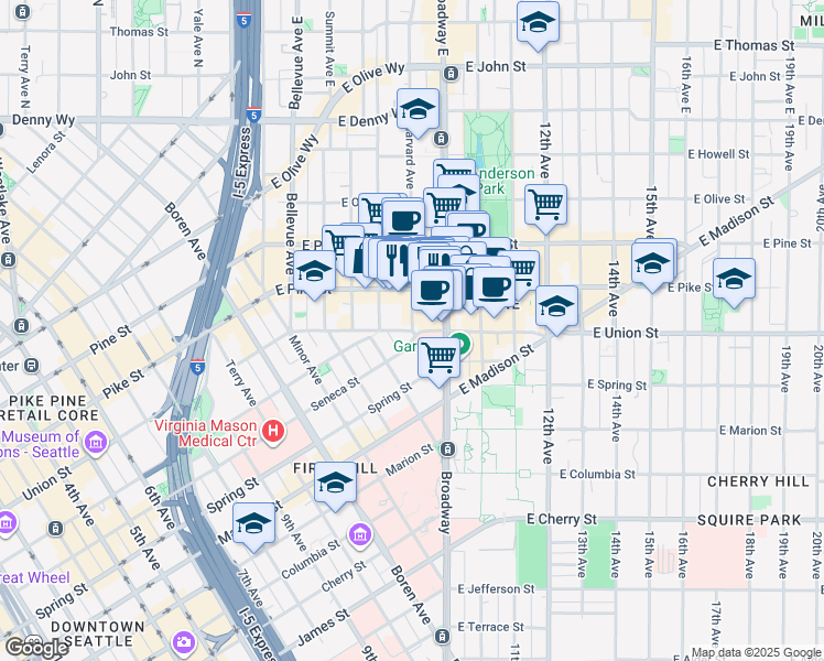 map of restaurants, bars, coffee shops, grocery stores, and more near 1400 Harvard Avenue in Seattle