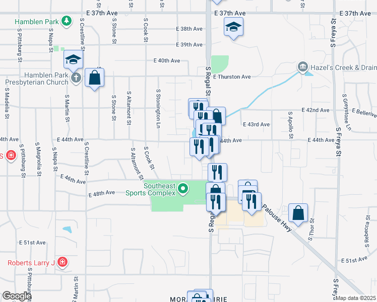 map of restaurants, bars, coffee shops, grocery stores, and more near 4501 South Sheri Court in Spokane
