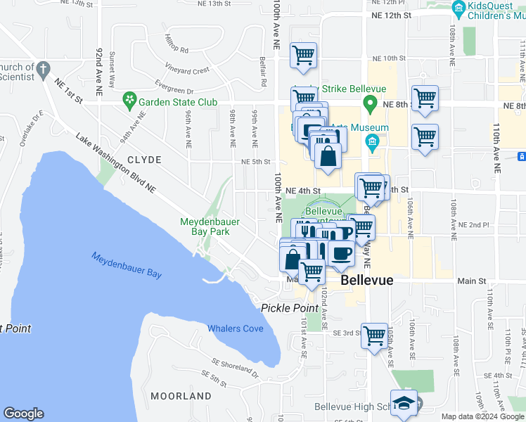 map of restaurants, bars, coffee shops, grocery stores, and more near 200 99th Avenue Northeast in Bellevue