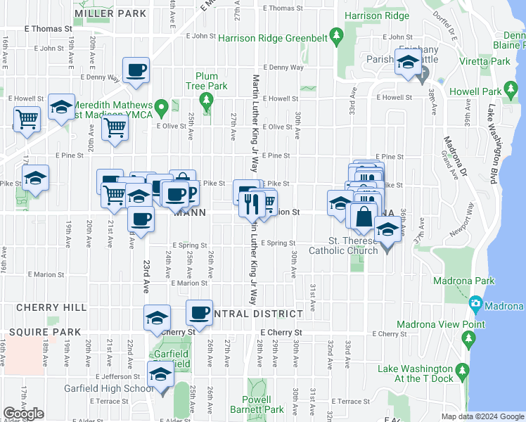 map of restaurants, bars, coffee shops, grocery stores, and more near 1126 Martin Luther King Junior Way in Seattle