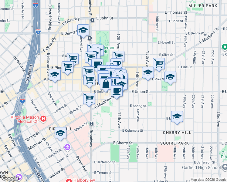 map of restaurants, bars, coffee shops, grocery stores, and more near 1121 East Union Street in Seattle