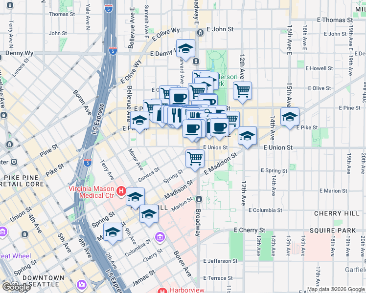 map of restaurants, bars, coffee shops, grocery stores, and more near 800 East Union Street in Seattle