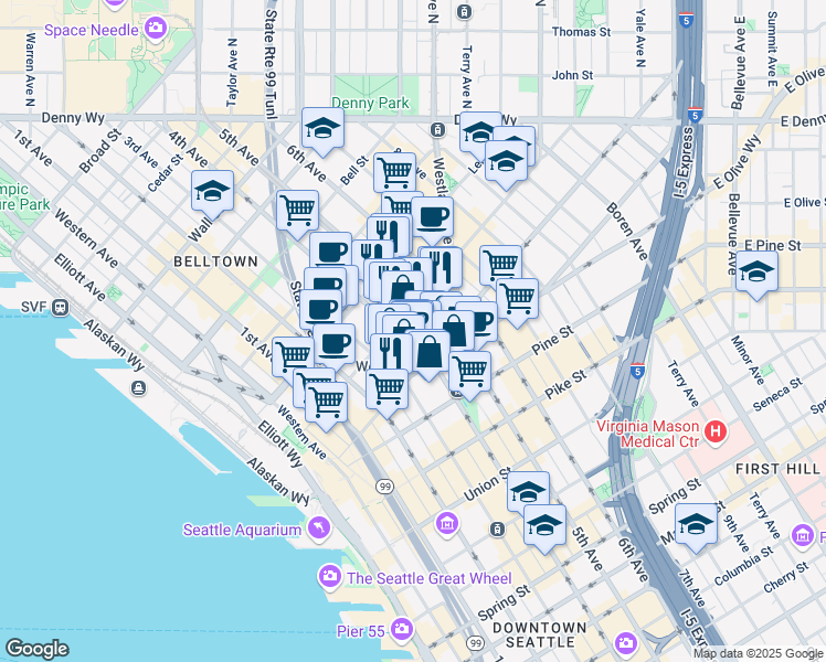 map of restaurants, bars, coffee shops, grocery stores, and more near 2001 4th Avenue in Seattle