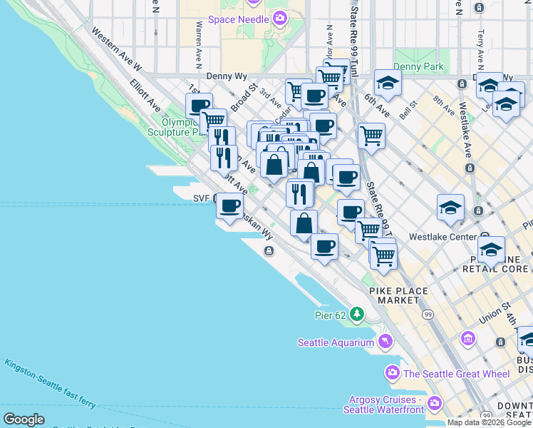 map of restaurants, bars, coffee shops, grocery stores, and more near 9 Wall Street in Seattle