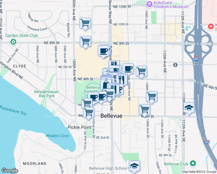 map of restaurants, bars, coffee shops, grocery stores, and more near 303 Bellevue Square in Bellevue
