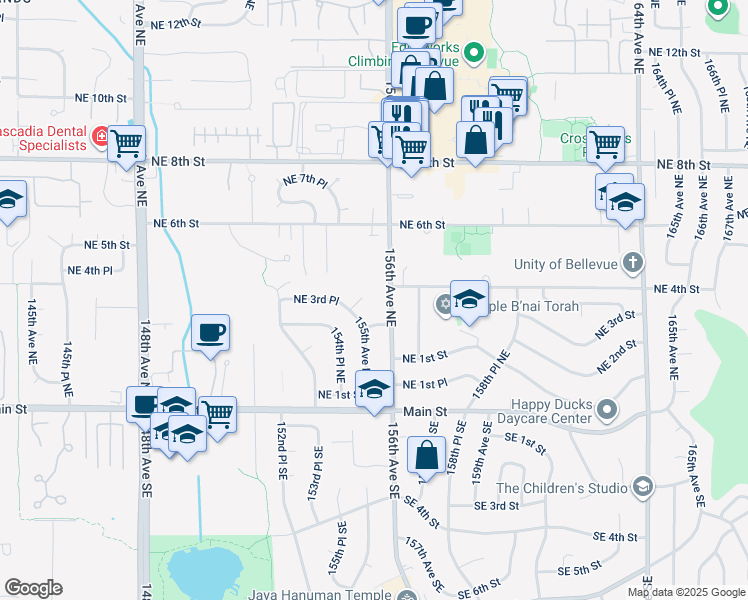 map of restaurants, bars, coffee shops, grocery stores, and more near 15436 Northeast 3rd Place in Bellevue