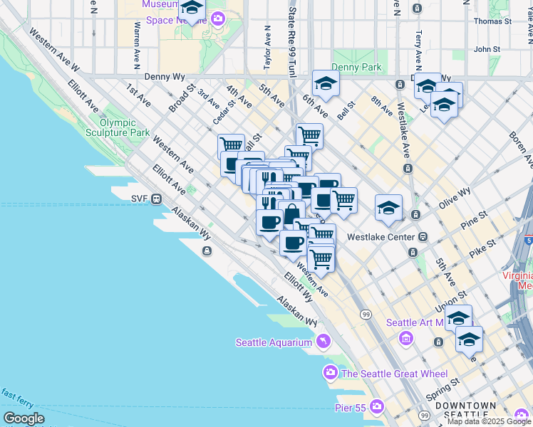 map of restaurants, bars, coffee shops, grocery stores, and more near 2225 1st Avenue in Seattle