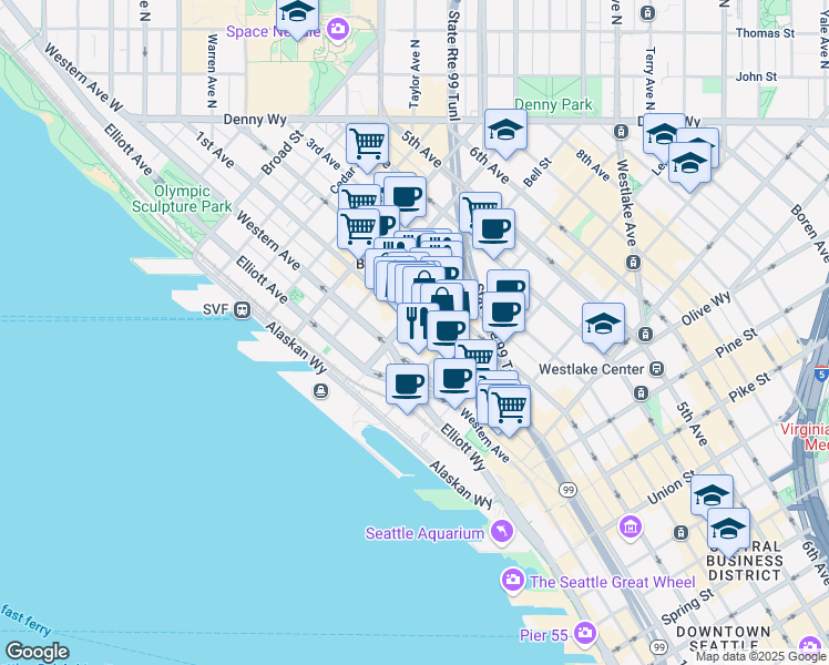 map of restaurants, bars, coffee shops, grocery stores, and more near 2225 1st Avenue in Seattle