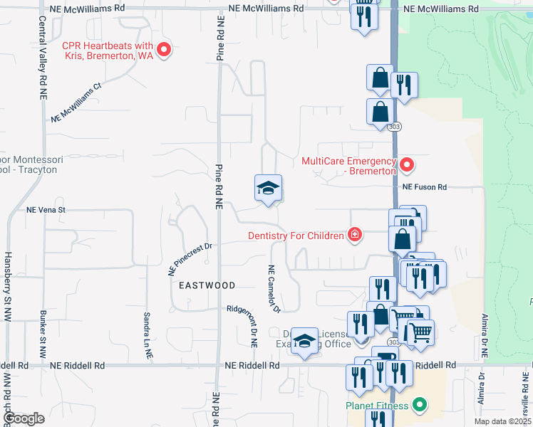 map of restaurants, bars, coffee shops, grocery stores, and more near 5530 Pine Road Northeast in Bremerton