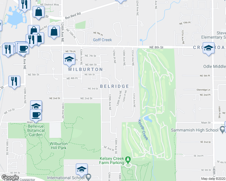 map of restaurants, bars, coffee shops, grocery stores, and more near 222 129th Avenue Southeast in Bellevue