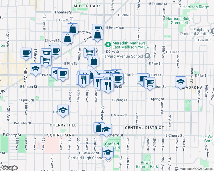 map of restaurants, bars, coffee shops, grocery stores, and more near 2320 East Union Street in Seattle