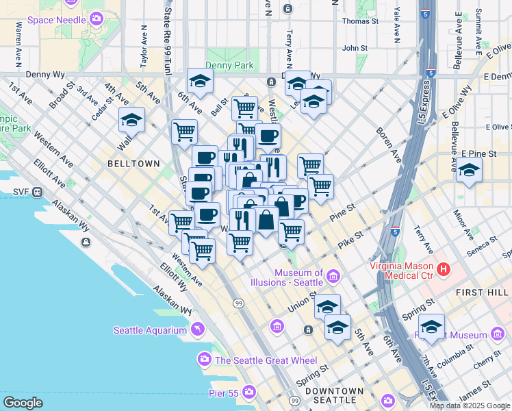 map of restaurants, bars, coffee shops, grocery stores, and more near 2001 4th Avenue in Seattle