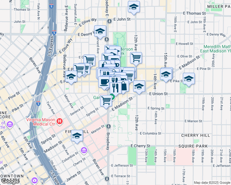 map of restaurants, bars, coffee shops, grocery stores, and more near 954 East Union Street in Seattle
