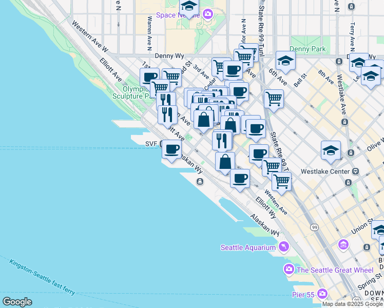 map of restaurants, bars, coffee shops, grocery stores, and more near 9 Wall Street in Seattle
