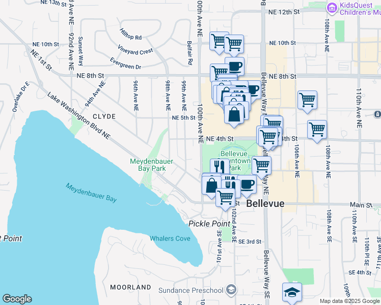 map of restaurants, bars, coffee shops, grocery stores, and more near 200 99th Avenue Northeast in Bellevue