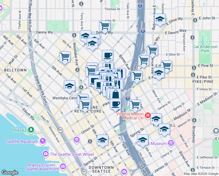 map of restaurants, bars, coffee shops, grocery stores, and more near Pine St & 8th Ave in Seattle