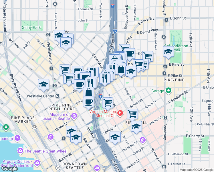 map of restaurants, bars, coffee shops, grocery stores, and more near 1011 Pike Street in Seattle