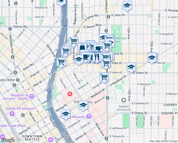map of restaurants, bars, coffee shops, grocery stores, and more near 604 East Union Street in Seattle