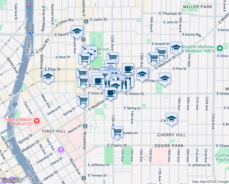 map of restaurants, bars, coffee shops, grocery stores, and more near 1400 12th Avenue in Seattle