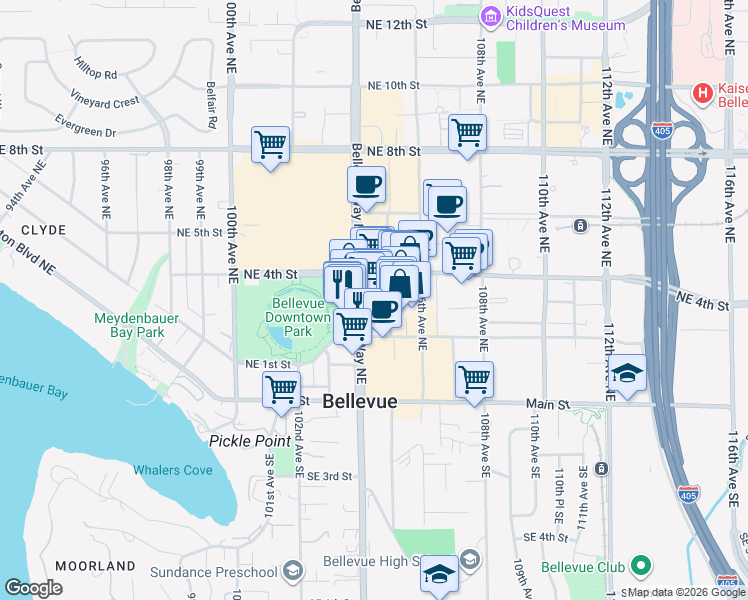 map of restaurants, bars, coffee shops, grocery stores, and more near 323 105th Avenue Northeast in Bellevue