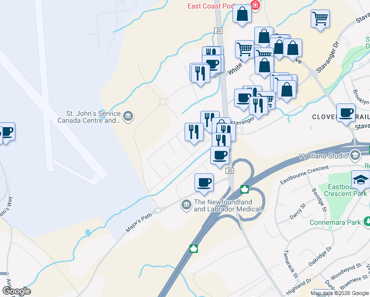 map of restaurants, bars, coffee shops, grocery stores, and more near in St. John's