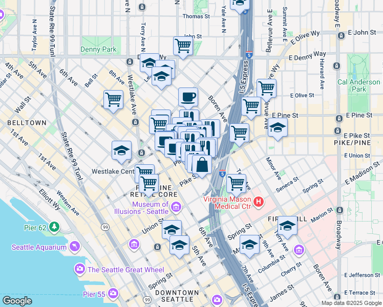 map of restaurants, bars, coffee shops, grocery stores, and more near 802 Pine Street in Seattle