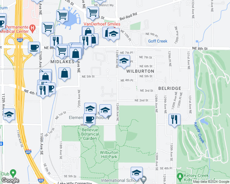 map of restaurants, bars, coffee shops, grocery stores, and more near 12390 Northeast 3rd Place in Bellevue